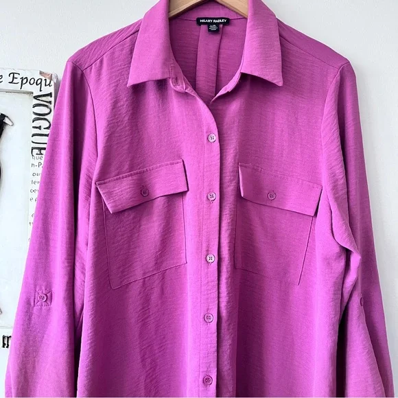 Hilary Radley Purple Tab Sleeve Button Down Women’s Top Size L - Picture 4 of 8